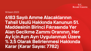 6183 Sayılı Amme Alacaklarının Tahsil Usulü Hakkında Kanunun 51. Maddesinin Birinci Fıkrasında Yer Alan Gecikme Zammı Oranının, Her Ay İçin Ayrı Ayrı Uygulanmak Üzere % 3,5 Olarak Belirlenmesi Hakkında Karar (Karar Sayısı: 7782)