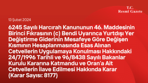 6245 Sayılı Harcırah Kanununun 46. Maddesinin Birinci Fıkrasının (c) Bendi Uyarınca Yurtdışı Yer Değiştirme Giderinin Mesafeye Göre Değişen Kısmının Hesaplanmasında Esas Alınan Cetvellerin Uygulamaya Konulması Hakkındaki 24/7/1996 Tarihli ve 96/8438 Sayılı Bakanlar Kurulu Kararına Katmandu ve Oran’a Ait Cetvellerin İlave Edilmesi Hakkında Karar (Karar Sayısı: 8177)