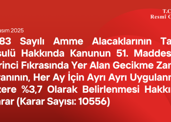 6183 Sayılı Amme Alacaklarının Tahsil Usulü Hakkında Kanunun 51 inci Maddesinin Birinci Fıkrasında Yer Alan Gecikme Zammı Oranının, Her Ay İçin Ayrı Ayrı Uygulanmak Üzere %3,7 Olarak Belirlenmesi Hakkında Karar (Karar Sayısı: 10556)